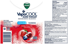 Package Label for Vicks VapoCOOL Sore Throat Spray, Cherry Berry Freeze, 6 oz