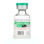 Glass vial of Paclitaxel Injection 6 mg in a 5 mL flip-top container with green cap, used for cancer chemotherapy treatment