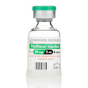 Clear glass vial of Paclitaxel Injection 6 mg with green cap, designed for tumor treatment and chemotherapy, 5 mL size