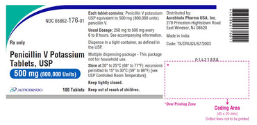Bottle labels for Penicillin V Potassium Antibiotic Tablets 500 mg (800,000 Units)
