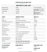 Certificate of Analysis for Pentoxifylline USP For Compounding (API) by Medisca
