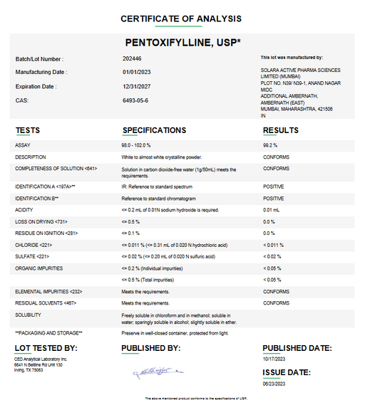 Certificate of Analysis for Pentoxifylline USP For Compounding (API) by Medisca