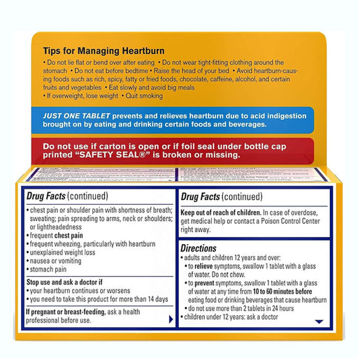 Pepcid AC Maximum Strength Acid Reducer Famotidine Tablets 20 mg, Drug facts: fast heartburn relief, supports digestive health.