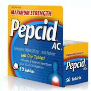 Pepcid AC Maximum Strength Acid Reducer Famotidine Tablets 20 mg Side View for fast heartburn relief and improved digestive health.