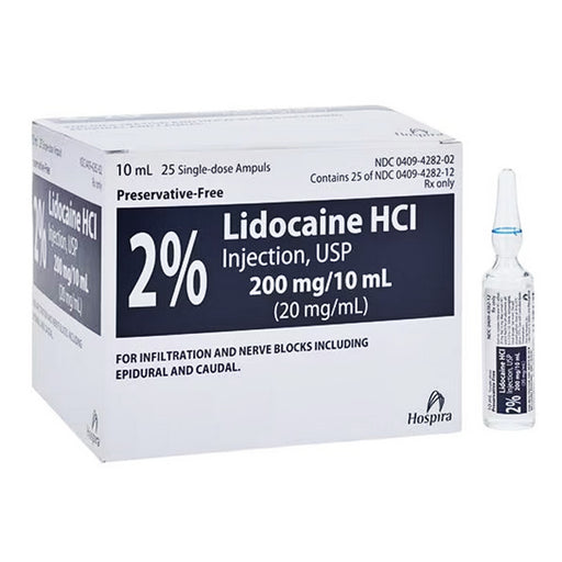 Lidocaine 2% for Injection 10 mL Ampules on a sterile table, crucial for local anesthesia, pain management, and rapid procedural use.