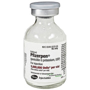 Close-up of a Pfizerpen Injection vial with white cap, labeled with dosage of 5 million units of Penicillin G Potassium, for antibiotic therapy