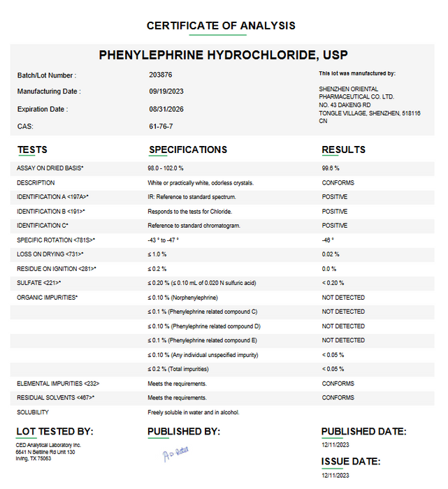 Phenylephrine Hydrochloride USP: Decongestant & API Use — Mountainside ...