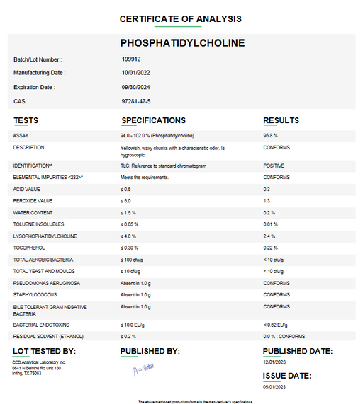Certificate of Analysis for Phosphatidylcholine For Compounding (API) by Medisca