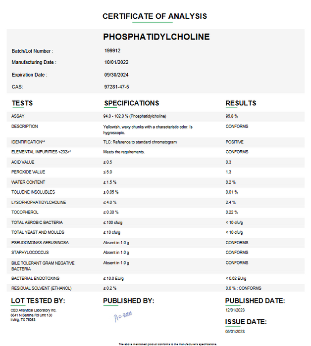 Phosphatidylcholine Certificate of Analysis 