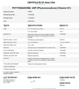 Certificate of Analysis for Phytonadione USP (Phytomenadione) (Vitamin K1) 