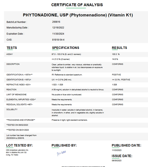 Certificate of Analysis for Phytonadione USP (Phytomenadione) (Vitamin K1) 