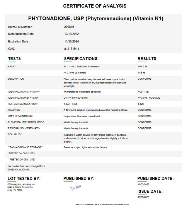 Phytonadione USP (Phytomenadione) (Vitamin K1) Certificate of Analysis 