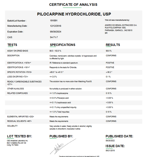 Certificate of Analysis for Pilocarpine Hydrochloride USP For Compounding