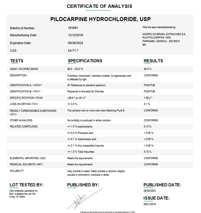 Pilocarpine Hydrochloride USP Certificate of Analysis 
