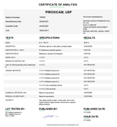 Certificate of Analysis for Piroxicam USP For Compounding (API) by Medisca