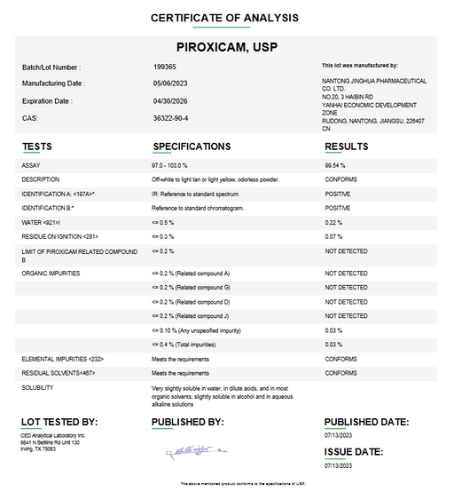 Certificate of Analysis for Piroxicam USP For Compounding (API) by Medisca