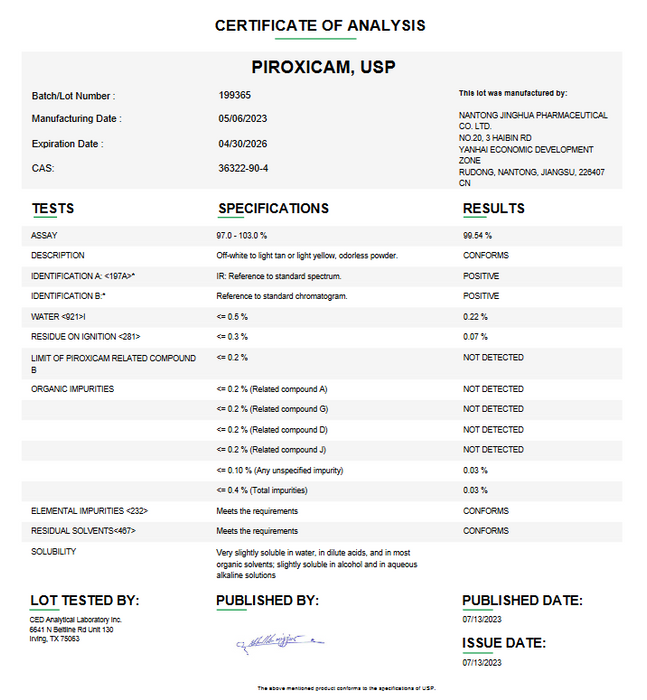 Piroxicam USP Certificate of Analysis 
