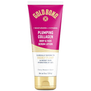 GOLD BOND Plumping Collagen Body & Face Serum Lotion in pink tube with gold cap, featuring cherry blossom scent, 8 oz, for youthful skin