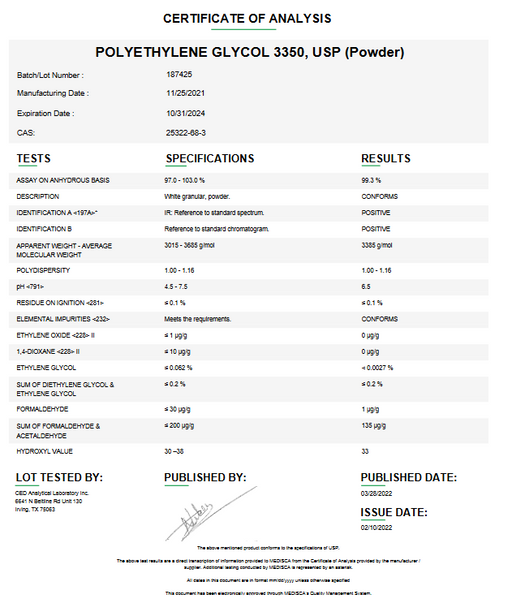 Certificate of Analysis for Polyethylene glycol 3350 USP (PEG-75) For Compounding