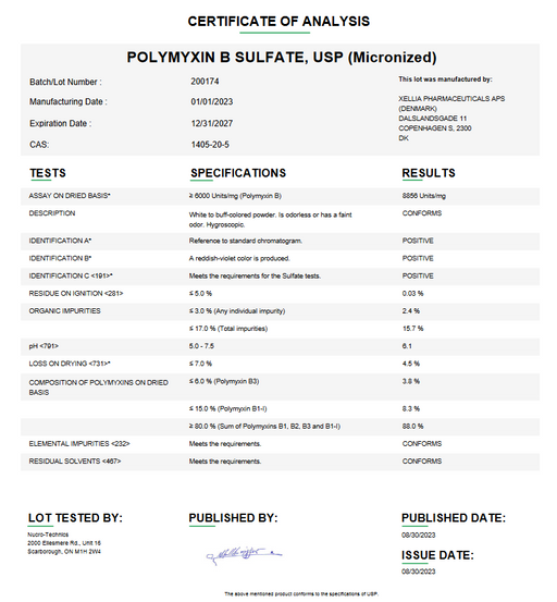 Certificate of Analysis for Polymyxin B Sulfate USP (Micronized) For Compounding (API)