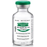 Sterile glass vial of Posaconazole Injection 10 mg with green cap, labeled for intravenous use, 16.7 mL, preservative-free, refrigerated storage
