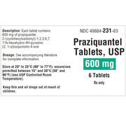 Image of Praziquantel Tablets 600 mg, used for treating parasitic infections like schistosomiasis and tapeworms, highlighting dosage and packaging.