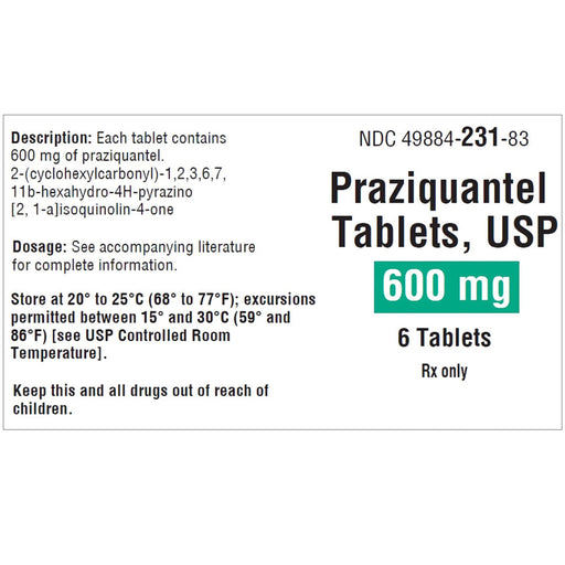 Image of Praziquantel Tablets 600 mg, used for treating parasitic infections like schistosomiasis and tapeworms, highlighting dosage and packaging.