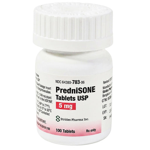 Bottle of PredniSONE Tablets USP 5 mg by Strides Pharma Inc.