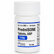 White plastic bottle of Prednisone Tablets 5 mg with label showing blue and black text, used for inflammation and autoimmune conditions, SKU: 70954-0058-10