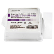 White frosted edges of premium charged microscope slides with 25 x 75 x 1 mm size, used for microscopic examination, in a plastic box