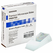 Premium microscope slides with beveled edges, frosted glass, 25mm x 75mm size, 1mm thickness, in a box with 72 slides for laboratory use