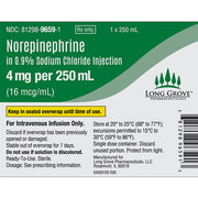 Norepinephrine in 0.9% Sodium Chloride IV bag with green label, dosage details, and warning to keep in sealed overwrap, used for infusion.