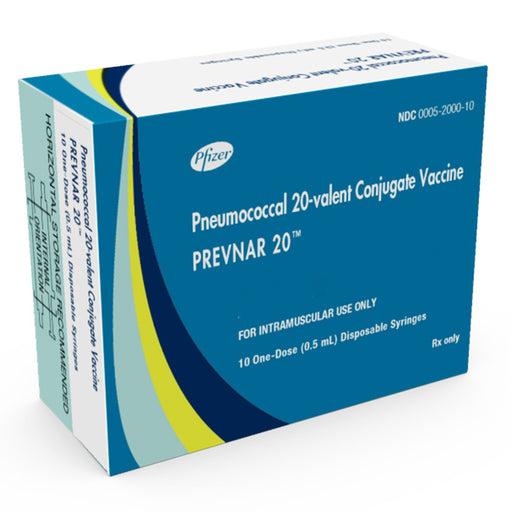 Box of Pfizer Pneumococcal 20-valent Conjugate Vaccine PREVANR 20 on a white background.