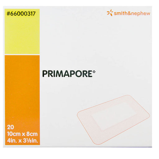 Box packaging for Smith & Nephew Primapore bandages, showing a white box with orange and yellow color blocks, product text, and a faint illustration of the bandage.