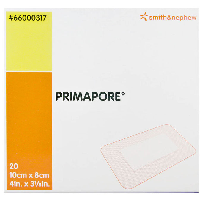 Box packaging for Smith & Nephew Primapore bandages, showing a white box with orange and yellow color blocks, product text, and a faint illustration of the bandage.