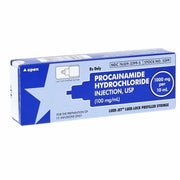 Procainamide HCl Injection Luer-Jet syringe; antiarrhythmic medication used for treating irregular heartbeats.
