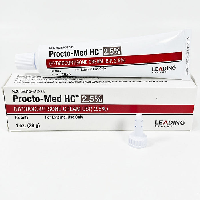 Procto-Med HC 2.5% Hemorrhoid Cream hydrocortisone cream packaging with tube.