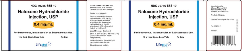 Product Label for Naloxone Hydrochloride Injection 0.4 mg by Lifestar 70756-658-10