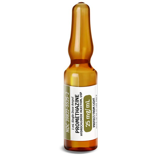 Image of Promethazine Hydrochloride Injection 25 mg ampules, used for allergy relief, motion sickness, and nausea control in clinical settings.