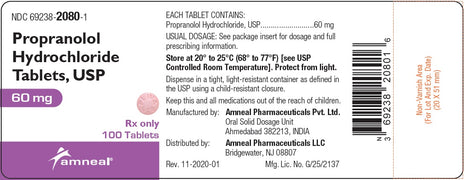 Propranolol HCL Tablets 60 mg Bottle Label from Amneal