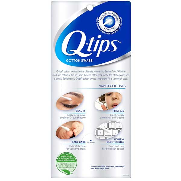 BAckside of the box of Q Tips Cotton Swab Sticks 375 Count