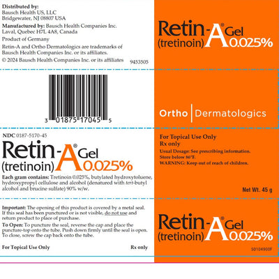 Outter Label for Rertin-A Gel 0.025% (Tretinoin) Topical Gel 15 gram Tube 