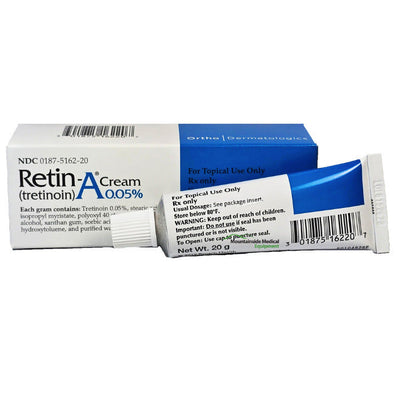 Retin-A Cream tube used for acne treatment, reducing wrinkles, and improving skin texture and tone for healthier-looking skin.