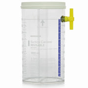 Clear reusable suction canister with yellow valve, 1000 mL capacity, plastic material, used for collecting bodily fluids during surgeries