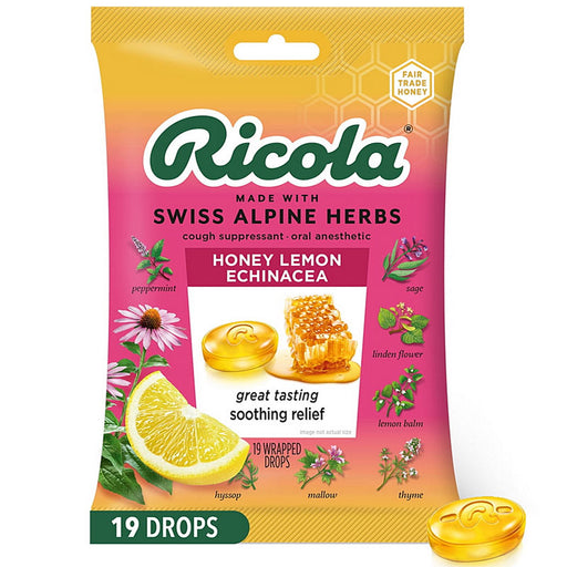 Ricola Cough Drop Suppressant Made with Swiss Alpine Herbs, Honey Lemon Echinacea Flavor, 19 Count