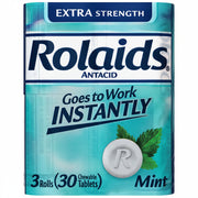 Silver logo of Rolaids Antacid Extra Strength mint chewable tablets in a blue and teal box, 3 rolls of 10 tablets each for heartburn relief