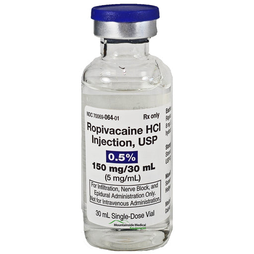 Ropivacaine HCL Injection 0.5% vial used for precise pain management and local anesthesia in safe healthcare practices.