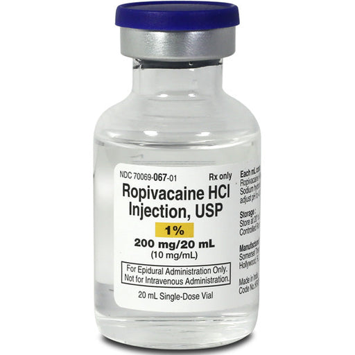 Ropivacaine Injection vial used for local anesthesia, pain management, surgery, and epidural anesthesia in medical settings.