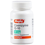 White bottle of Rugby Coenzyme Q10 30 mg gelcaps with red and black label, dietary supplement for heart and energy support, SKU: 00536-1436-07