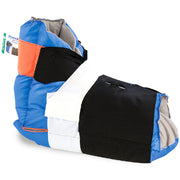Heel pressure protection boot in blue, black, and gray with adjustable straps, designed for pressure relief and support for heels